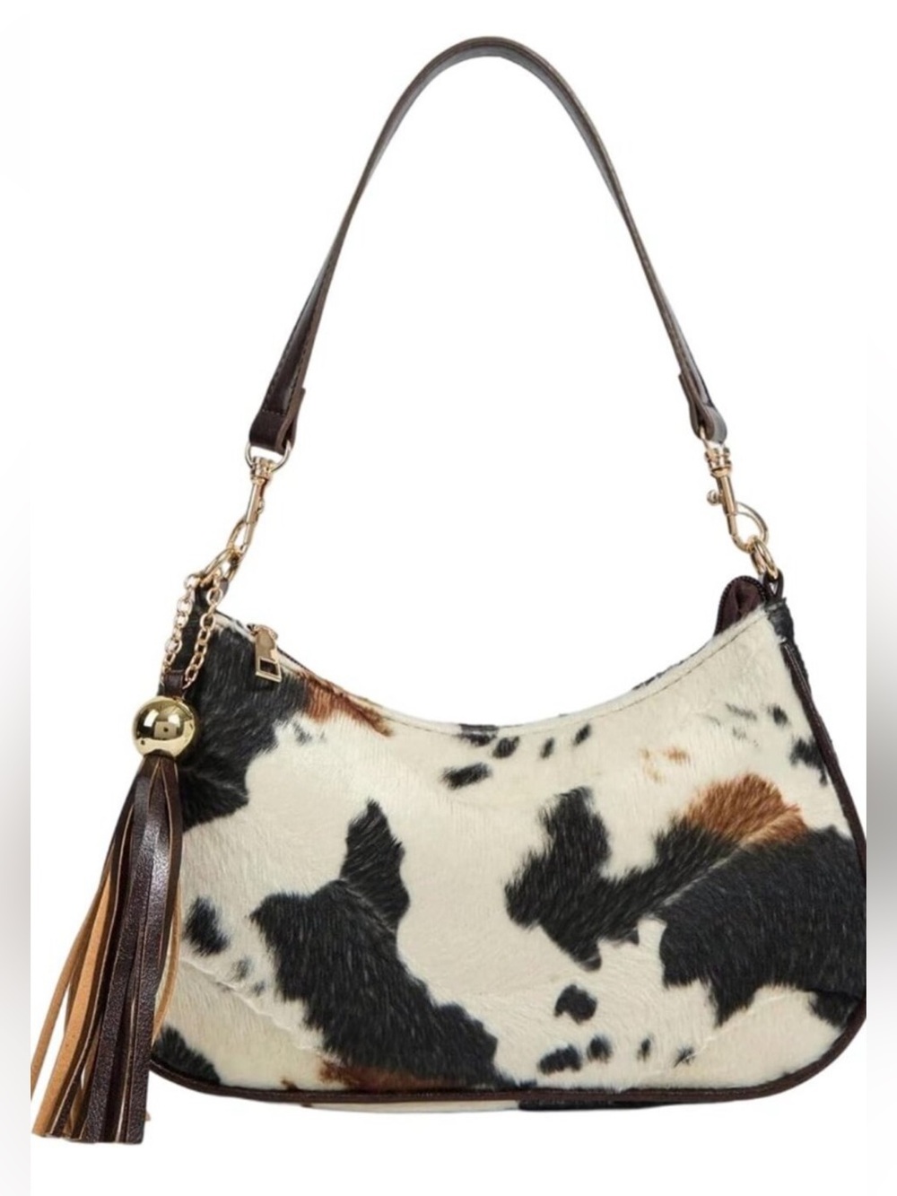 Women's Faux Fur Cow Print Shoulder Bag with Tassel Pendant Retro Y2k Handbags U